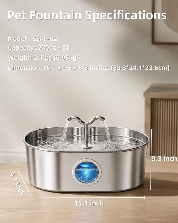 Dog Water Fountain, 270 oz / 2 Gallon / 8 L Stainless Steel Water Fountain for Indoor Multi-Pet Homes, Automatic Water Dispenser for Dogs & Cats, 6 Filters & Sponges Included