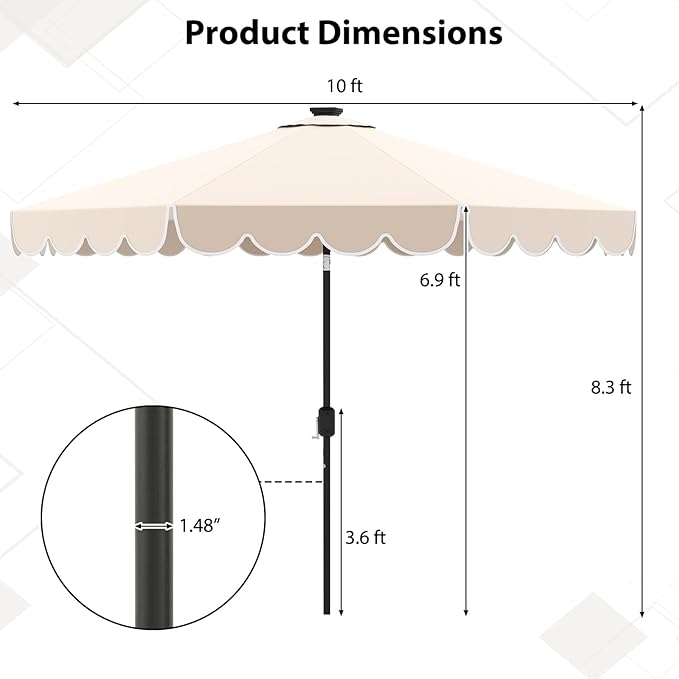 Tangkula 10FT Solar LED Patio Umbrella, 2-Tiers Scalloped Outdoor Table Market Umbrella with 24 LED Lights, Vented Top, Tilt Adjustment, Crank, 8 Ribs for Backyard Poolside Deck Beach Lawn (Beige)
