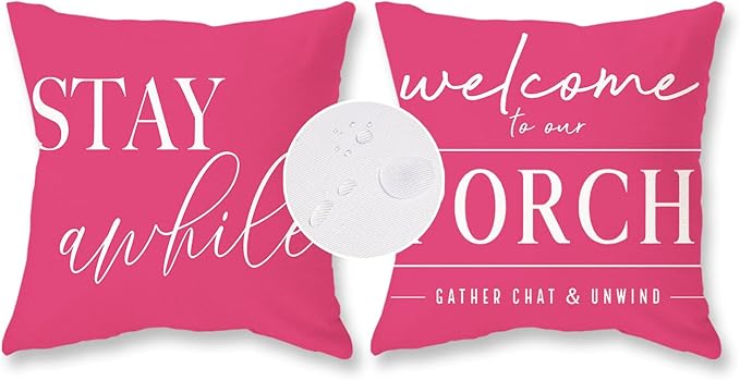 TAJWE Pink Outdoor Pillow Covers Waterproof 18x18 Set of 2 Decorative Welcome to Our Porch Stay Awhile Cushion Cases for Patio Furniture Sofa Couch Decor