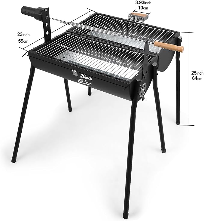 Portable Charcoal Grill with Thermometer - Barrel Charcoal Grills with Central Rotisserie Rack Double-sided Smoker Grill Outdoor BBQ Grill, Perfect for Backyard Camping, Patio Parties and Picnics