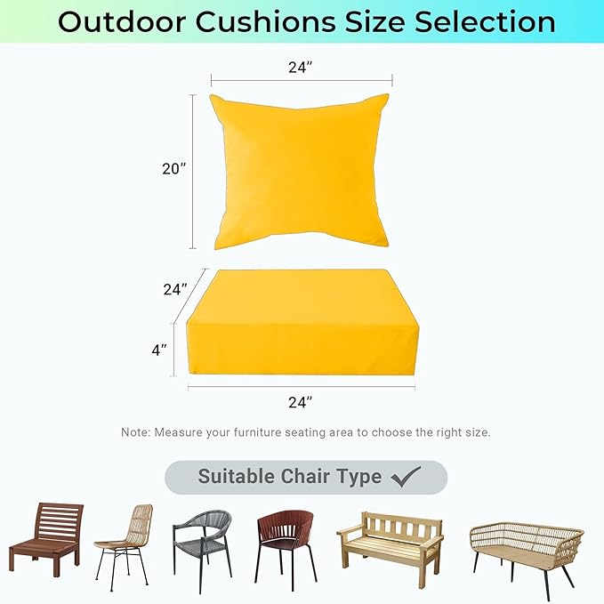 IPYNBAP Outdoor Cushions for Patio Furniture,Outdoor Seat Cushion Set 24 x 24 x 4 Inch,Waterproof & Fade Resistant Outdoor Chair Cushions,Deep Patio Chair Cushion with Removable Cover,Yellow