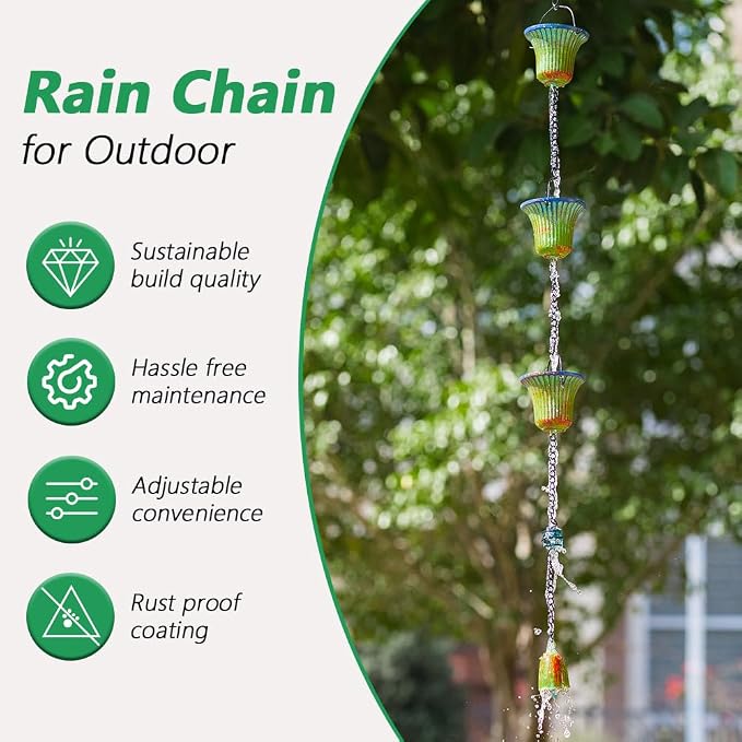 10ft Rain Chains for Outside Gutters, Eaves, Drainage | 12 Cups, Metal Rain Chain, Adjustable Length, Decorative Replacement Downspout