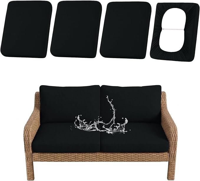 hyha Waterproof Outdoor Cushion Covers for Patio Furniture, Stretch Patio Chair Cushion Slipcovers, Coated UV Resistant Replacement Seat Covers, Solid Color (Black, 4PC)