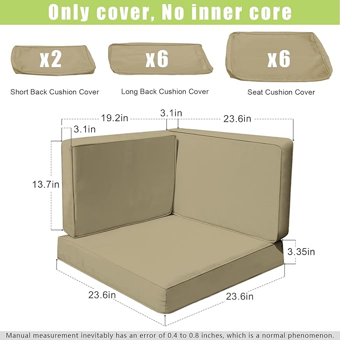 14Pieces Patio Cushion Covers Replacement Outdoor Couch Cushions Covers Splashproof Sofa Slipcovers Set with Zippers,Patio Furniture Protector Cover Only(Brown, 23.6×23.6×3.35 inches)