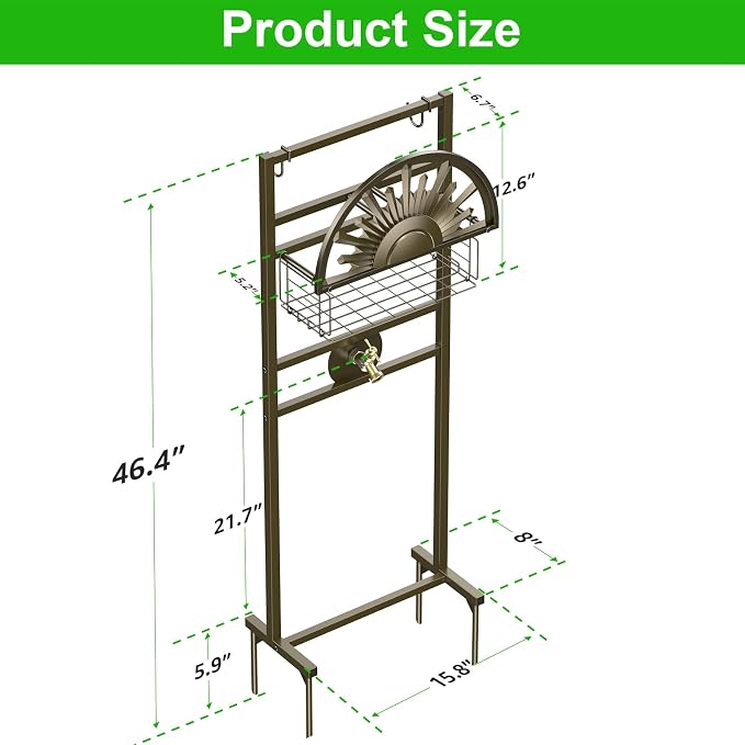 GOFORWILD Garden Hose Holder with Brass Faucet, Freestanding Water Hose Stand with Storage Basket, Detachable Heavy Duty Hose Reel Hanger Holds 150-Feet Hose for Outside Patio Yard Lawn