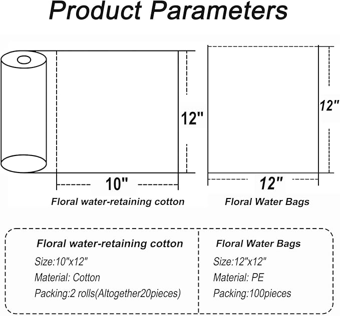 100pcs Clear Flower Water Bags for Bouquets,with 20pcs Flower Hydration Cotton Sturdy Bouquet Water Retaining Bag 11.8x11.8 Inch,for Flower Arrangement Fresh Cut Flower Bouquets Wrapping Paper Rose
