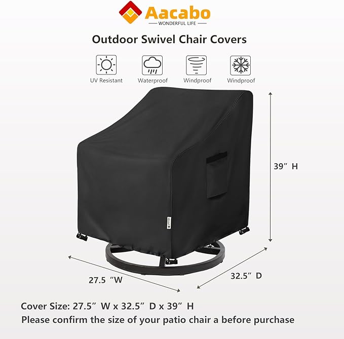 Patio Chair Covers Waterproof Patio Furniture Covers,27.5W x 32.5 D x 38 H Inches Outdoor Swivel Chair Cover 2 Pack -Black