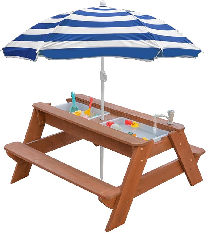 Kids 3-in-1 Sand & Water Table, Wood Outdoor Convertible Picnic Table w/Umbrella, 2 Trays, Removable Top with Faucet, Picnic Table for Outdoor Playset (Brown/Navy)