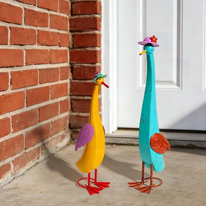 22" Duck Garden Statue Set of 2 Metal Ducks | Outdoor Decor Yard Art Porch Animal Figurine Lawn Ornament Rustproof Sculptures for Outside Patio Backyard Decorations