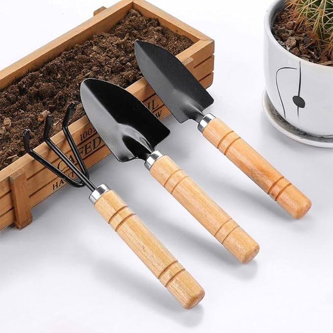 3 Pcs Mini Gardening Tool Set, Shovel, Spade, Rake Kit with Ergonomic Wooden Handles, Ideal for Planting, Weeding and Cultivating, Gardening Plant Tool for Cactus Herbs Indoor Miniature Plants (1 Set)