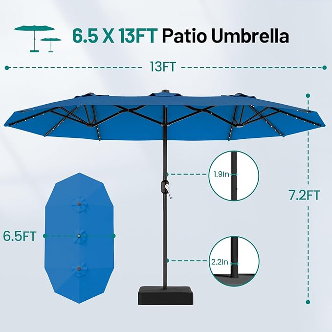 AreShark 13 FT Patio Umbrella with Solar Lights, Double-Sided Outdoor Table Umbrellas with Crank, Large Rectangular Market Umbrella for Porch, Lawn, Pool, Backyard, Royal Blue
