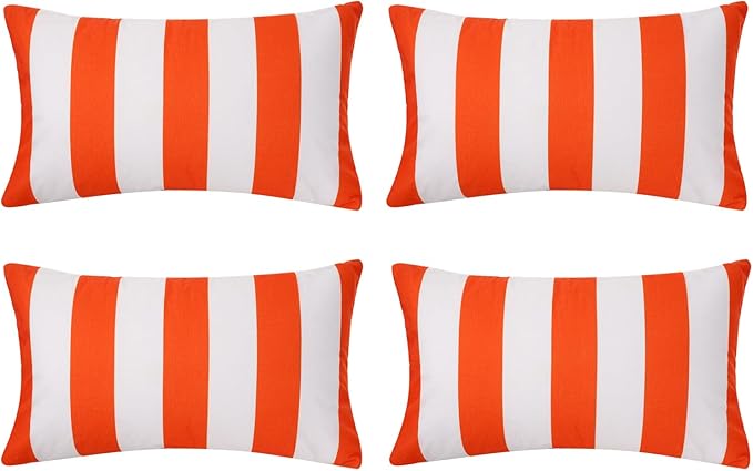 tiggell 4 Pack Waterproof Pillow Covers Outdoor Throw Pillowcases Decorative Garden Cushion Case for Home Garden Patio Couch Balcony Striped (Orange & White, 12 * 20 inch)