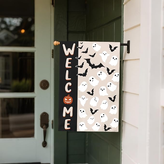 Halloween Welcome House Flag 28x40 Cute Ghost Bat Black Cream Holiday Theme Scary Halloween Decorative Garden Flags for Outside Double Sided Outdoor Home Farmhouse Decoration Yard Porch Decor