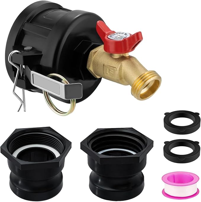 IBC Tote Adapter, 2" Cam Lock for 275-330 Gallon IBC Tote Tank with 2packs Groove Fittings, IBC Tote to Garden Hose Adapter with Brass Hose Faucet (1/2'' Red Handle Brass Valve)