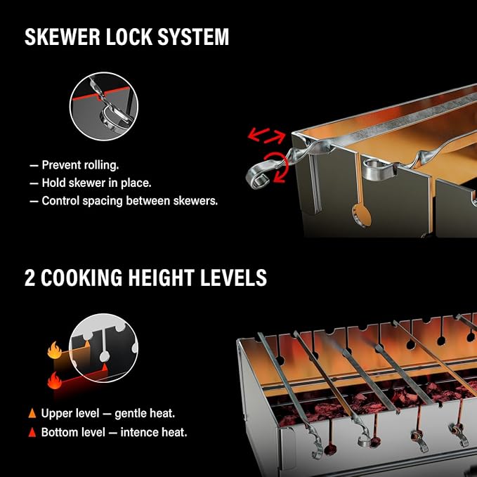 Stainless Steel Charcoal Grill for 8 Skewers – Portable BBQ 16.93"×9.45"×16.93" – Foldable Kabob Mangal – Rustproof Shish Kebab Grill for Outdoor Cooking, (Skewers Not Included)