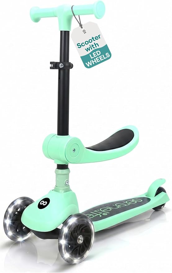 SereneLife 3 Wheel Scooter for Toddlers & Kids, Foldable Seat, LED Wheels, Adjustable Handlebar, Anti-Slip Deck, Rear Foot Brake, Lean-to-Steer, Kid Scooter, Supports up to 110 lbs (Mint Green)