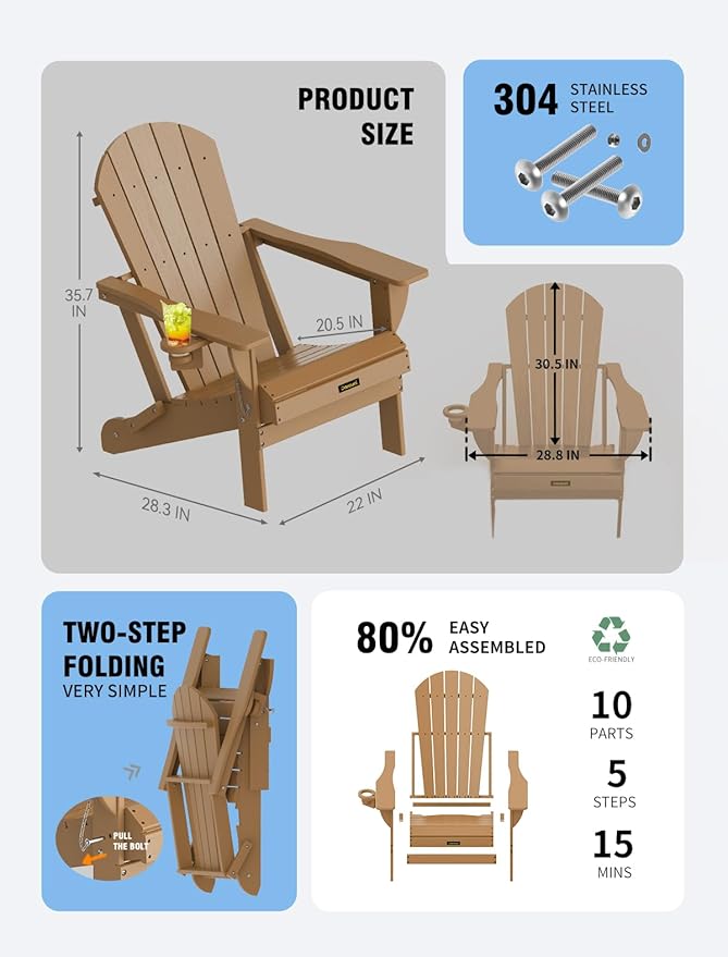 Plastic HDPE Adirondack Chair,Set of 2,Folding Adirondack Chair Weather Resistant with Cup Holder, Wooden Textured Fire Pit Outdoor Chair for Garden, Porch, Lawn, Backyard, Supports 380LBS, Teak