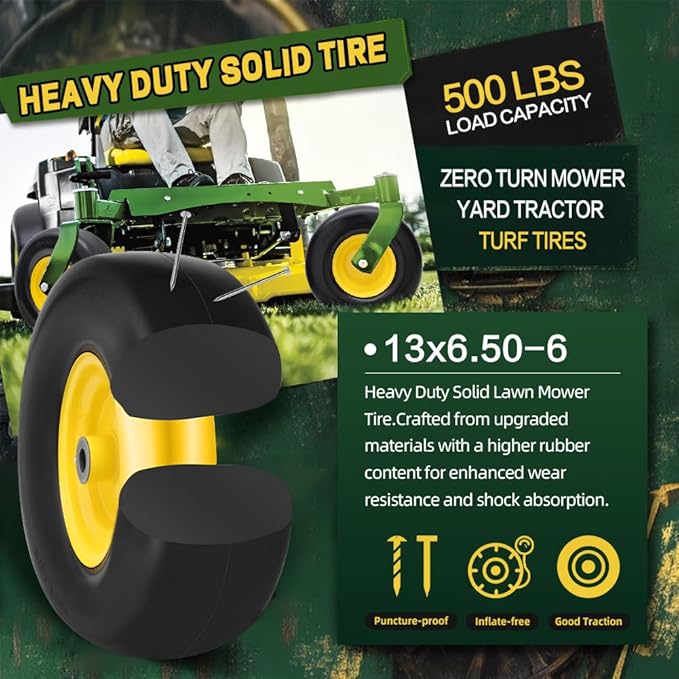13x6.50-6 Flat Free Tire and Wheel with Rim,Universal 13x6.5-6 Solid Smooth Rubber Zero-Turn Lawn mowers Tire,5.5"-7.72”Centered Hub and 3/4" extra 5/8" 1/2” Bushings(Yellow)
