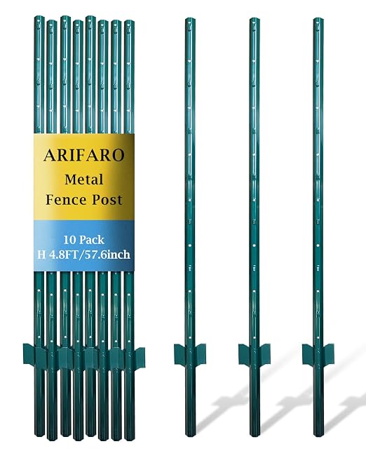 ARIFARO Fence Posts 4.8 Feet Sturdy Duty Metal Fence Post, Pack of 10, No Dig Garden U Post for Wire Fencing Steel Post for Yard, Outdoor Wire