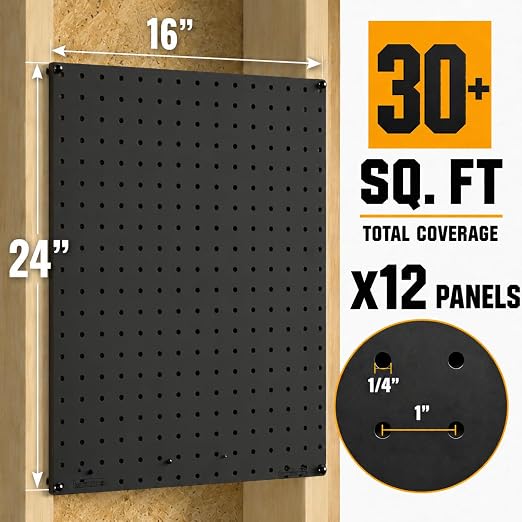 WallPeg Pegboard Panels Garage Organization - 12 ea (24"x16") Black Peg Board Panel Set - (PB-1-B) Tool Organizer, Crafts, Shop, Home, Office, Wall Storage Kit