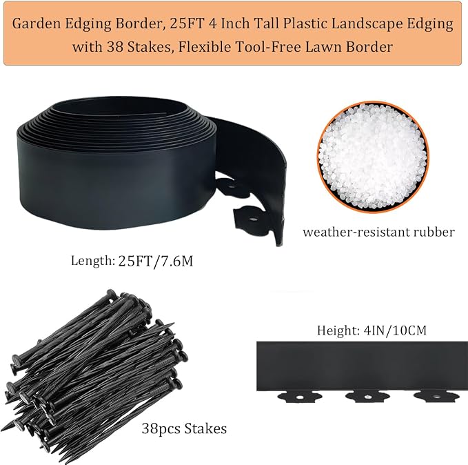 Landscape Edging 25FT, 4IN Tall Garden Edging Border with 38pcs Spikes, Plastic Lawn Edging Kit, Tool-Free Flexible Borders Edging for Garden Flower Beds Tree Surrounds Yard Pathway, Black