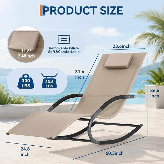 Garvee Outdoor Lounge Chair, Rocking Chair, Lounge Chair Recliner with Detachable Pillow for Patio, Lawn, Pool, Outdoor Home Furniture, Brown