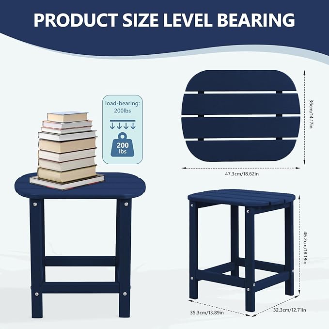 Plawdlik HDPE Outdoor Adirondack Side Table, Wooden Textured, Set for Patio, Garden, Porch, Pool Composite, Backyard, Bathroom and Indoor, Maintenance & Weather Resistant, Navy Blue