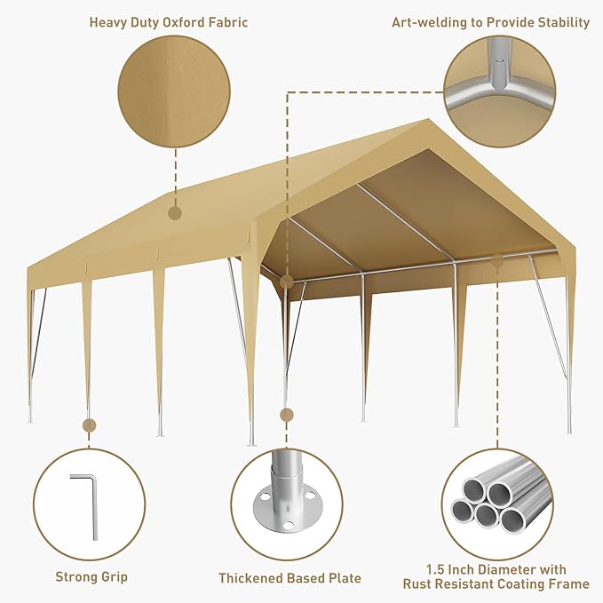 12'x20' Carport Heavy Duty Car Canopy UV Resistant Waterproof Portable Garage for Car, Boat, Party, Storage Shed (Earthy Yellow)