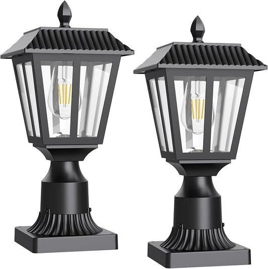 Greluna Solar Post Lamp Lights, 2 Pack 6000K Dusk to Dawn Solar Light with Pier Mount Base, Post Lights Outdoor Waterproof for Garden Yard Landscape Pole Pillar, Outside Decorative Lamp