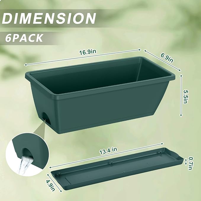CADUKE Window Deck Railing Planter Box for Outdoor 6 Pack 17 Inch Deck Railing Planter Boxes Plastic Hanging Flower Planters Box with Adjustable Brackets Green