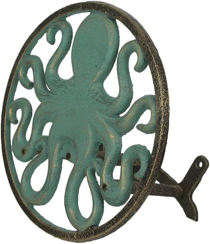 Zeckos Verdigris Octopus Garden Hose Hanger - Cast Iron Decorative Wall-Mounted Holder - 12-Inch Diameter - Stylish Outdoor Decor for 75–100 ft Capacity