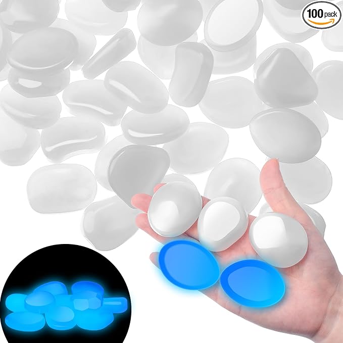 Landical 100 Pcs 1.8 Inch Large Glow in The Dark Rocks Pebbles Outdoor Fish Tank Rocks Aquarium Gravel Luminous Stones for Walkway Succulent Plant Halloween Decor (White)