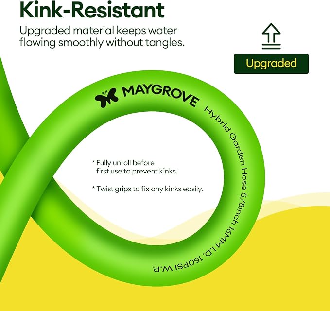 Maygrove 75 ft Garden Hose, 5/8 in ID, Heavy-Duty, Leakproof, Kink-Resistant Water Hose with Swivel Brass Fittings, 600 PSI Burst Rating, Ideal for Car Wash & Lawn Watering