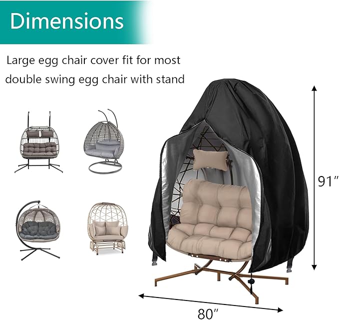 【Upgraded】Patio Egg Chair Covers with Zipper, 91 x 80 Large Wicker Egg Swing Chair Covers, Waterproof Heavy Duty Weather Resisatnt Outdoor Chair Cover, Windproof Hanging Chair Cover, Black, 1 Pack