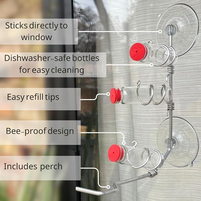 Window Hummingbird Feeder | Handcrafted Copper and Aluminum | Multiple Stations | Modern Hummingbird Feeder | Glass Bottle | Suction Cup (Aluminum, Three Station)