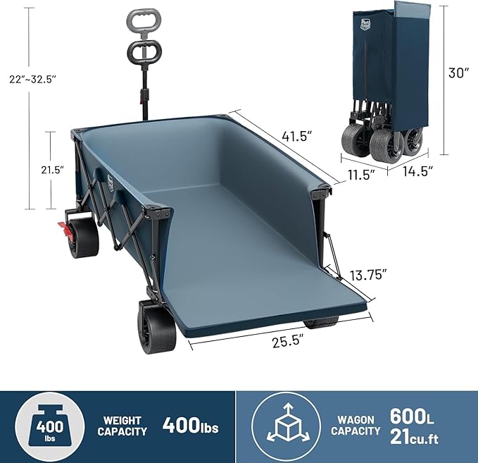 Timber Ridge 600L Beast Wagon 26" W Extra Wide All Terrain Folding w/Big Wheels, Cargo Net & Tailgate, 26" W and 55.25" L, 500lbs Heavy Duty Collapsible Portable Cart for Camping, Sports, Dogs, Blue