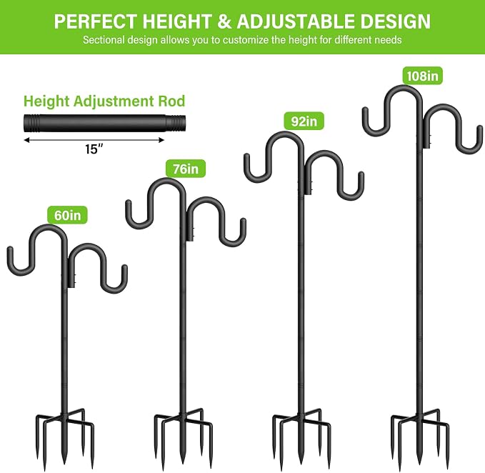 Double Shepherd Hook for Outdoor, 108" Heavy Duty Bird Feeder Pole with 5-Prong Base, Adjustable Thickened Shepherd Hook for Bird Feeder, Flower Baskets, Solar Lights, Lanterns, Black, 2 Pack