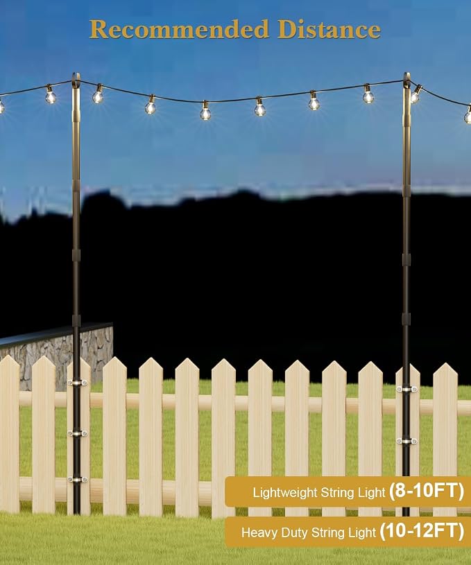 10Ft String Light Poles for Fence & Deck Railing, Outdoor Light Stand with Fence Brackets, Heavy-Duty Metal Poles for Backyard, Garden & Patio Party Lighting, Rustproof & Adjustable