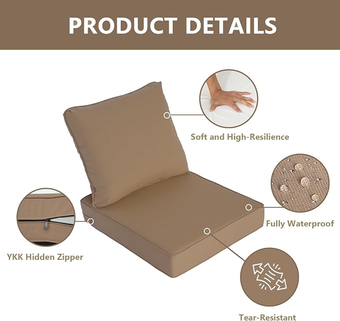 Goodgoods 24 x 28 Outdoor Patio Deep Seat Cushions 2-Pack, 1000+ Hours Fade-Resistant & Water-Resistant Outdoor Furniture Chair Cushions with 35D High-Resilience Foam for Sofa Chair, Brown