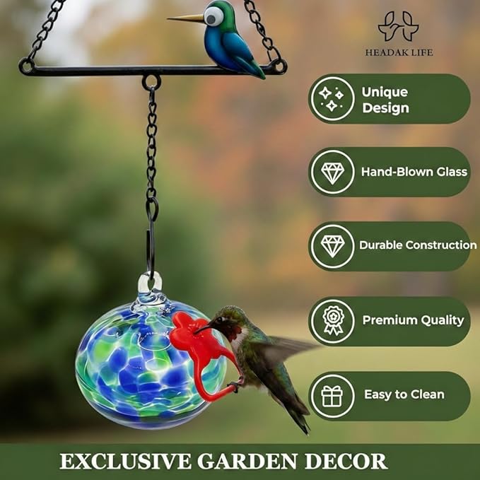Headak Life Hummingbird Feeder for Outdoors Hanging,Metal Hummingbird Swing with Hand Blown Glass Hummingbird Feeder,Artistic Bird Perch & Garden Decor, Unique Gardening Gifts for Women(Dotted Blue)