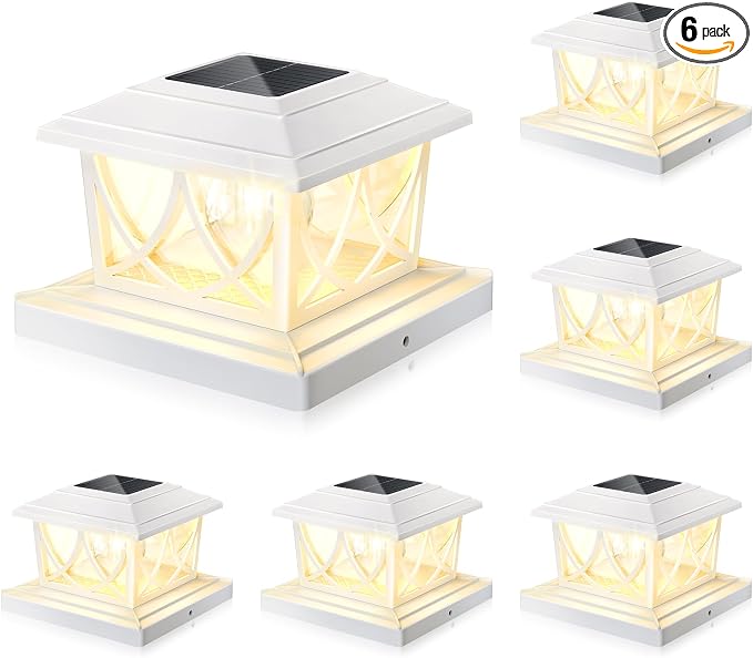 NIORSUN Solar Post Lights Outdoor, Fence Post Solar Lights with 3 Color Temps &2 Brightnesses, Edison LED Bulbs Fence Deck Decor, 4x4 Posts Caps, 4x4 &5x5 Vinyl, 4x4 &6x6 Wooden (6 Pack,White)