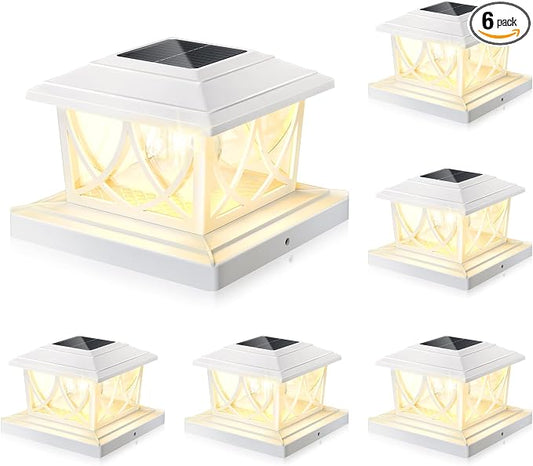 NIORSUN Solar Post Lights Outdoor, Fence Post Solar Lights with 3 Color Temps &2 Brightnesses, Edison LED Bulbs Fence Deck Decor, 4x4 Posts Caps, 4x4 &5x5 Vinyl, 4x4 &6x6 Wooden (6 Pack,White)