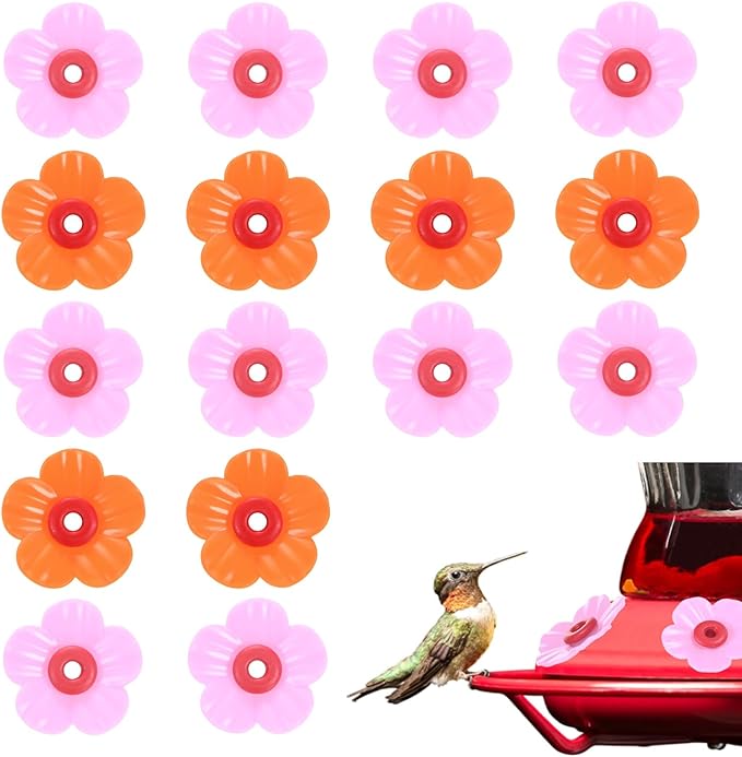 M METERXITY 16-Pack Hummingbird Feeder Replacement Flowers, Plastic Pet Hummingbird Feeding Parts Feeding Ports for Outdoor Hanging Feeders, Bees Guards [Rose Pink, Orange]