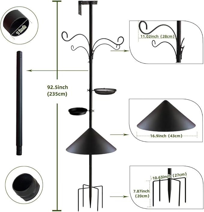 Bird Feeder Pole - 92 Inch Heavy Duty Birdhouse Stand with Squirrel Proof Baffle for Outdoor, Adjustable Bird Feeding Station with Multi Shepherds Hooks Mental Trays for Garden Attracting Wild Birds