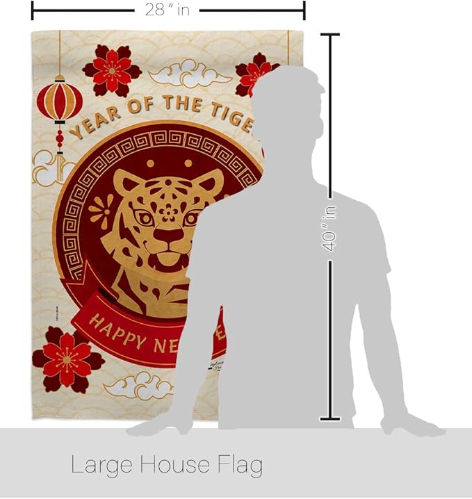 Happy Tiger Year House Flag New Lunar Good Luck Prosperous Seasonal Arrival Blessing Decoration Banner Small Garden Yard Gift Double-Sided, Made in USA