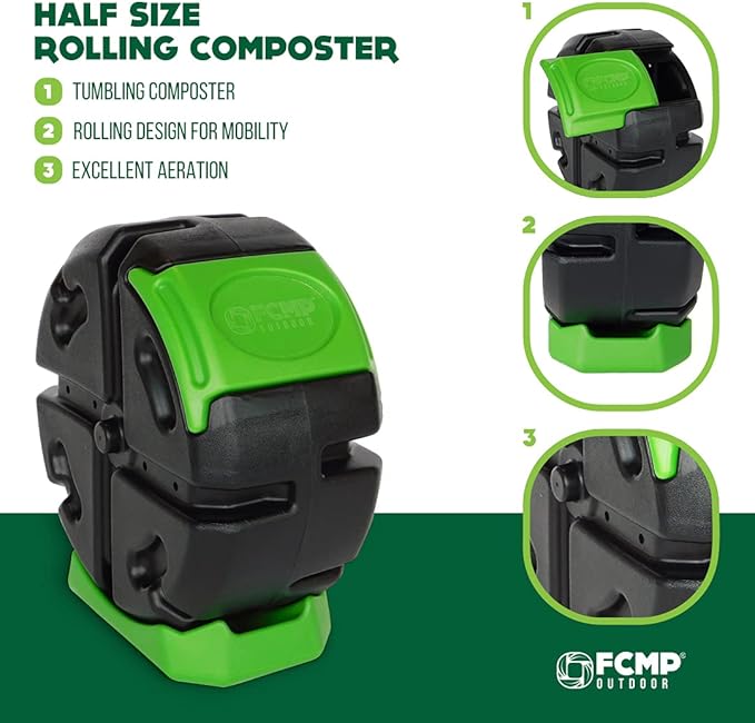 FCMP Outdoor HOTFROG Half Size Rolling Single Chamber Batch Tumbling Composter - Outdoor Rotating Garden Compost Bin (HF-RC2000WB-GRN) Black & Green (19-Gallon)