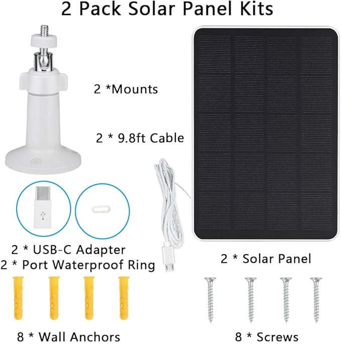 2 Pack Solar Panel Compatible with WYZE Battery Cam Pro, EufyCam 2C/2C Pro, 4W 5V Solar Panel with 10ft Micro USB Charging Cable for Outdoor Battery Camera, Tpye C Adapter, Adjustable Wall Mount