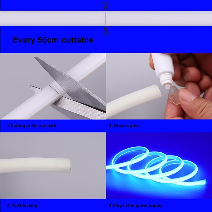BENLUN AC 110V COB LED Strip Lights Outdoor Waterproof 65.6ft, Blue Super Bright 200W LED Rope Light, IP65 Flexible Cuttable, for Bedroom Garden Commercial House Gaming Room Decor