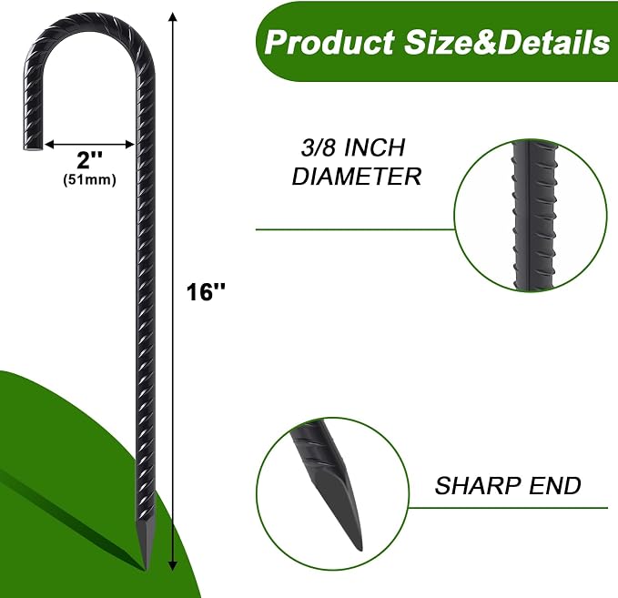 AAGUT Rebar Stakes 16 Inch J Hook Heavy Duty 16 Pack, 3/8 Inch Black Coated Metal Steel Ground Anchors Chain Link Fence Stakes for Camping Tent, Inflatables, Yard Decorations, Canopies & Swing Sets