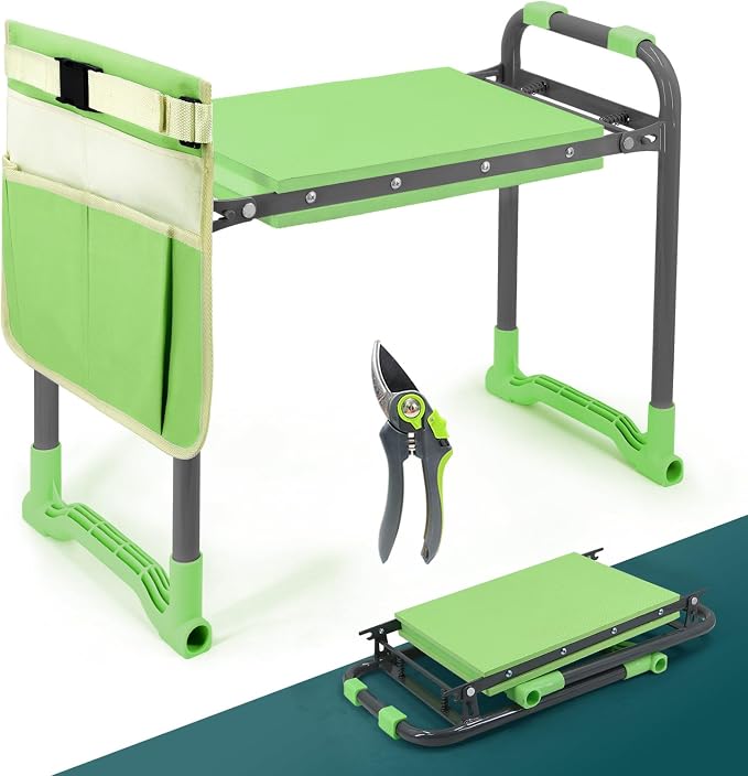 Foldable Garden Kneeler and Seat – 2-in-1 Gardening Stool with a Tool Storage Pouch, Lightweight and Portable for Elderly, Outdoor, Lawn Care (Green)